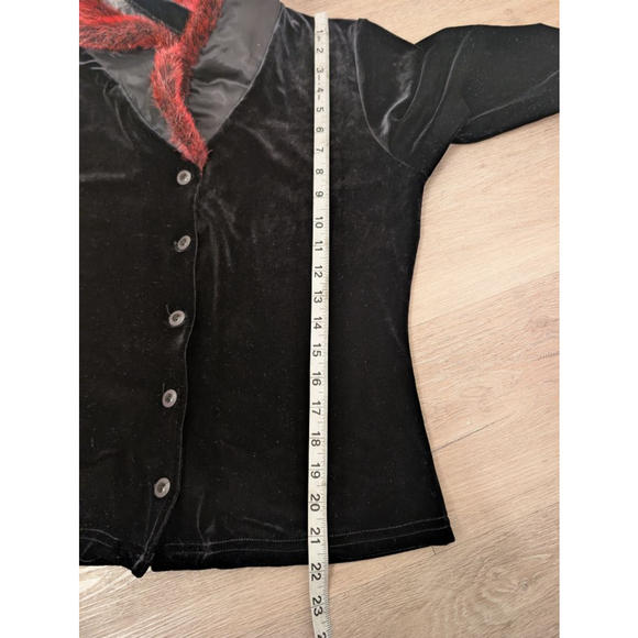 Y2K Whimsigoth Black Velvet Cardigan Jacket | Red Fur Collar Gothic Coquette L - Picture 8 of 8